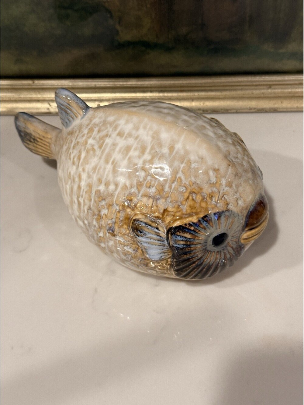 Unbranded Glazed Ceramic Puffer Fish Figurine in Tan with Blue and Brown Accents